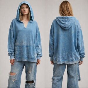 Free People oversized XS sweatshirt blue hooded front pocket pouch distressed